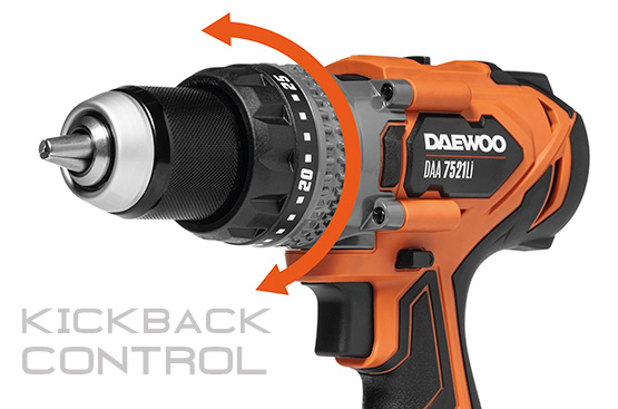 Шуруповерт автоматически отключается при заклинивании оснастки, что защищает кисть и руку от повреждения